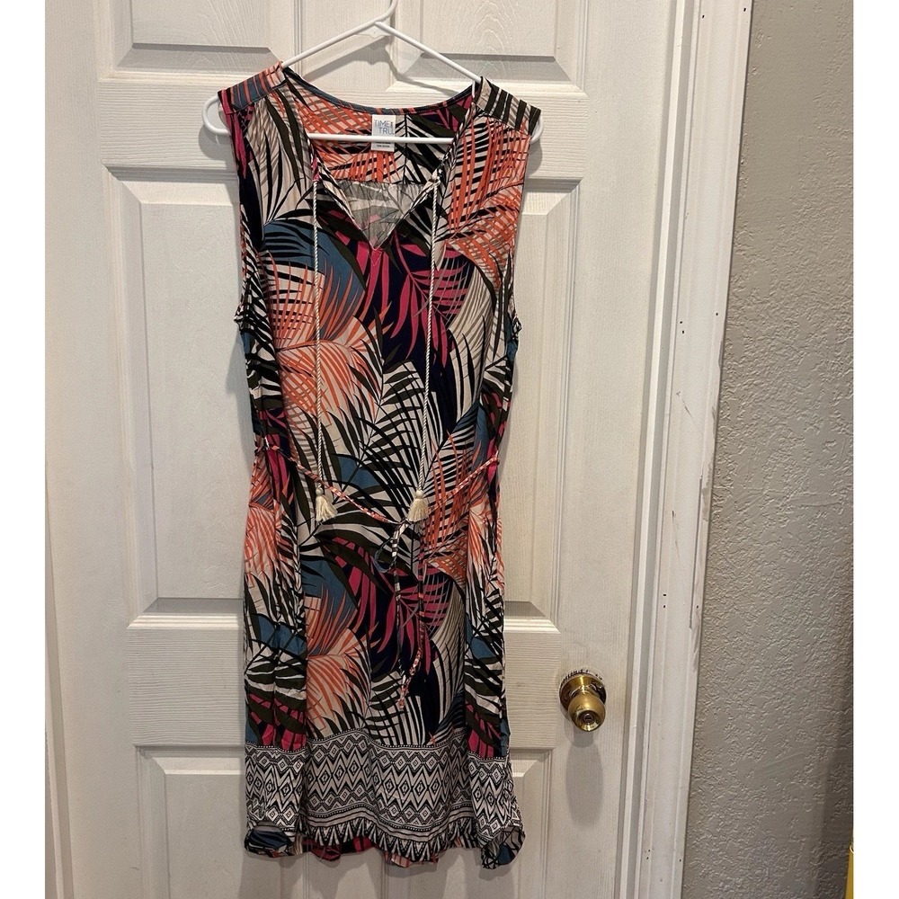 Time and Tru Womens XL Tropical Palm Print Sleeveless Tassel Tie Rayon Dress
